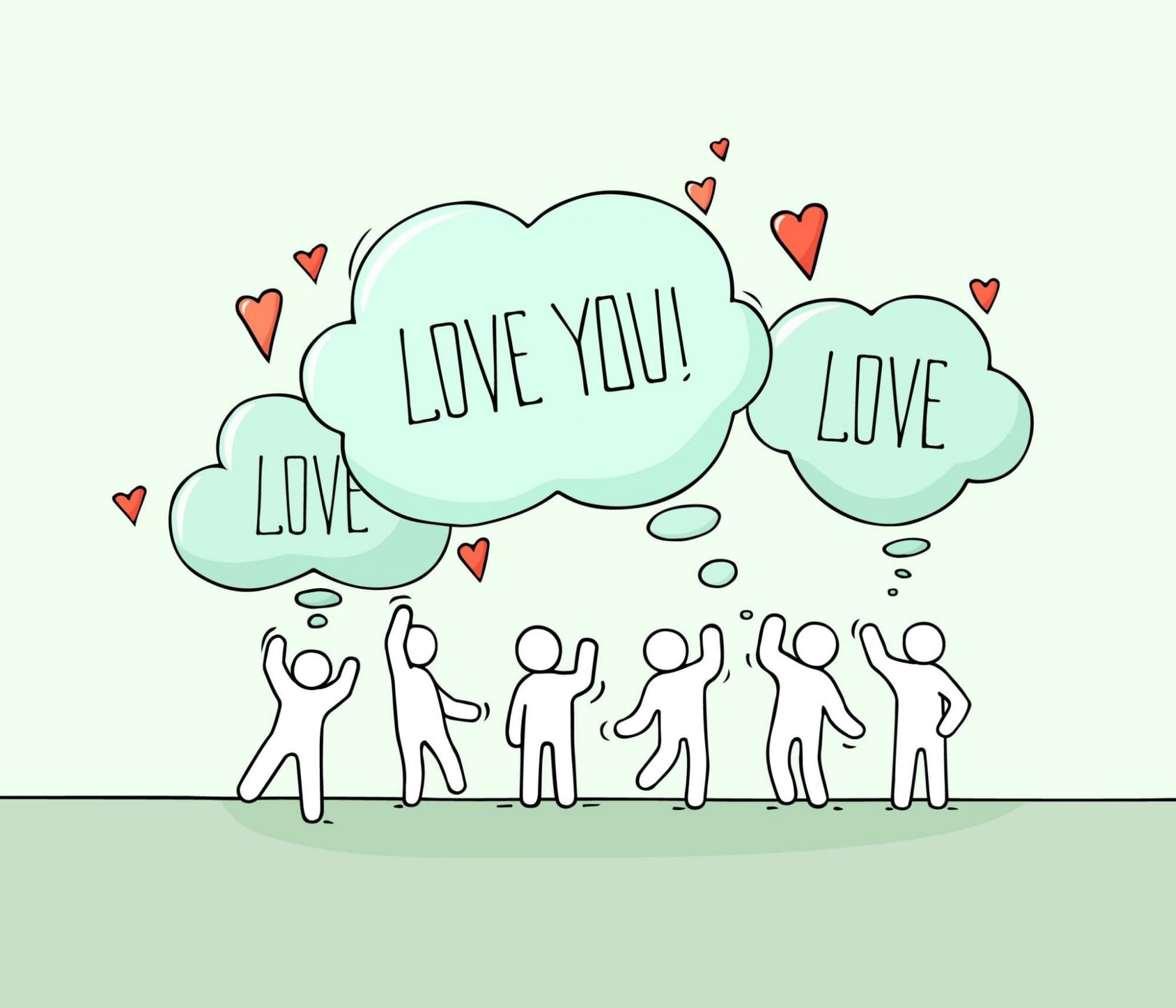 Sketch of romantic people and speech bubbles. simple image drawing of little bubble person saying love you